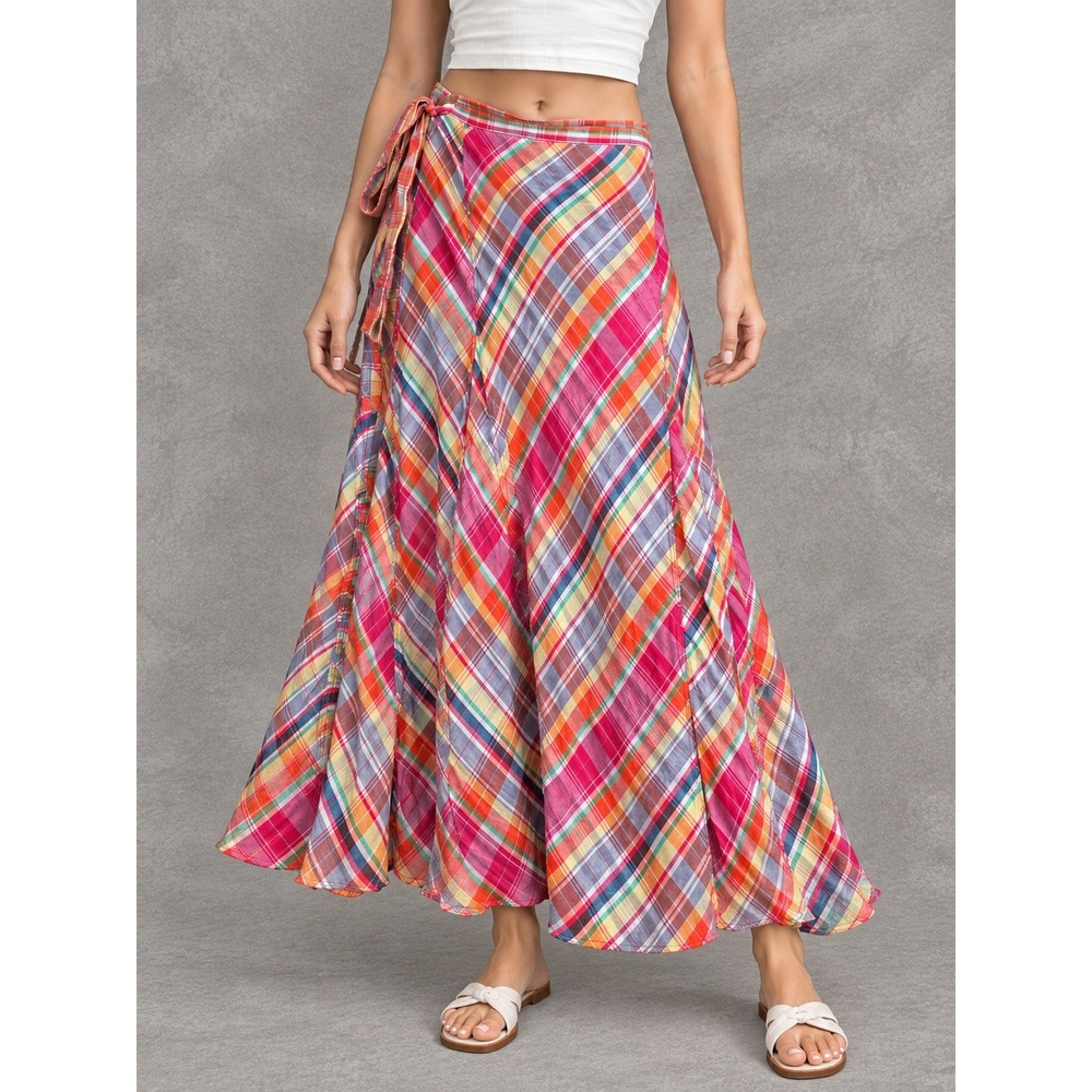 Polo Ralph Lauren Madras Plaid Wrap Skirt Womens 8 Linen Maxi Coastal Resort